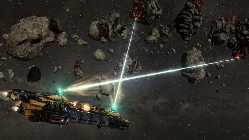 EVE Online: шахтёрский корабль двумя лазерами срезает руду с астероидов
