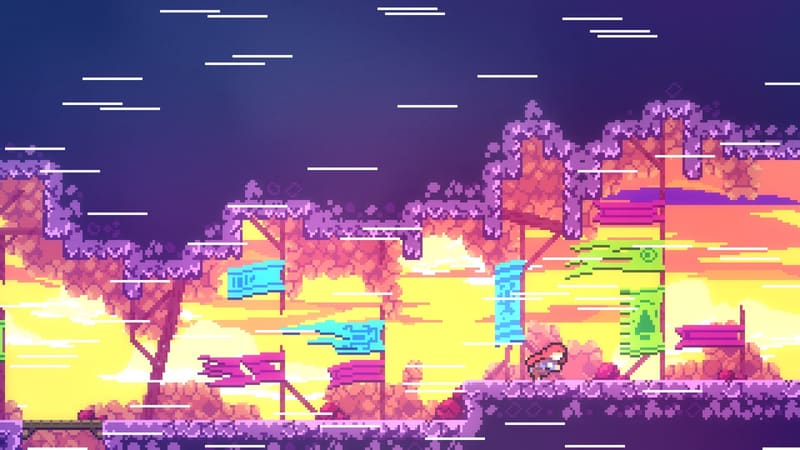 Celeste: маленькая Мадлен идёт по горному гребню среди цветных флагов на шестах, по закатному небу летят белые полосы ветра