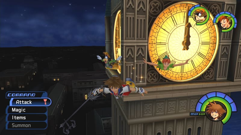 Сора, Гуфи и Питер Пэн у циферблата часовой башни в Неверленде, Kingdom Hearts