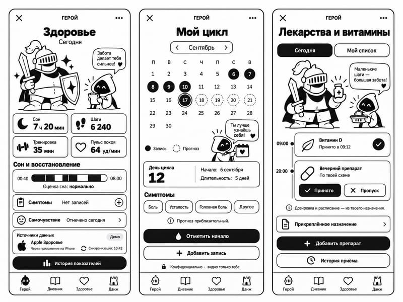 Концепт раздела «Здоровье»: сводка дня, цикл, лекарства и витамины