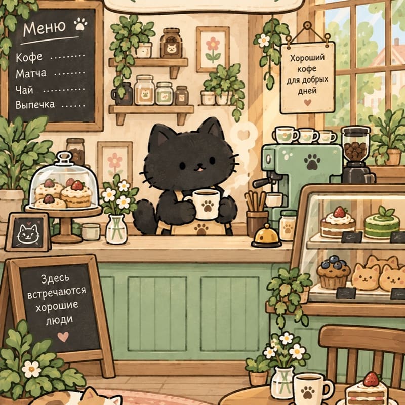 Экран загрузки Meowcha Café: чёрный котик-бариста Мокка с чашкой за стойкой уютной кофейни