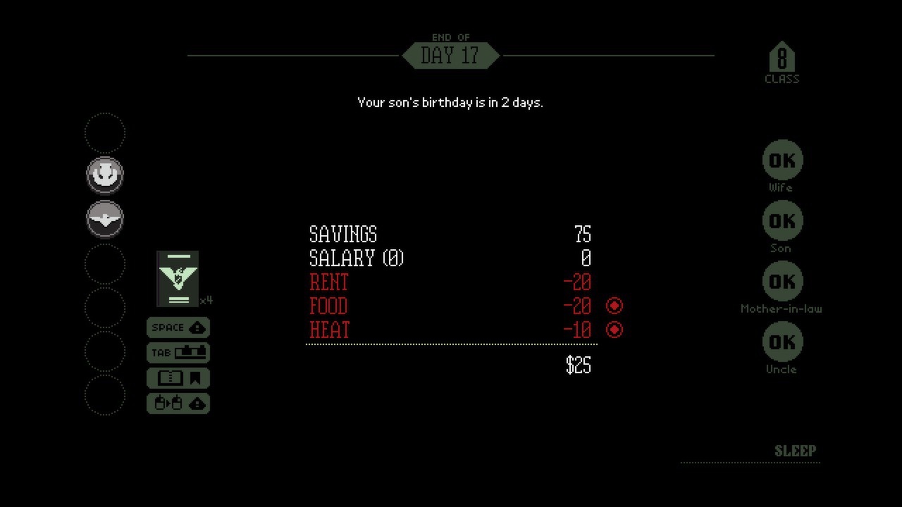 Экран конца 17-го дня в Papers, Please: сбережения 75, зарплата 0, аренда минус 20, еда минус 20, тепло минус 10, итог 25; справа жена, сын, тёща и дядя со статусом OK; наверху строка о дне рождения сына