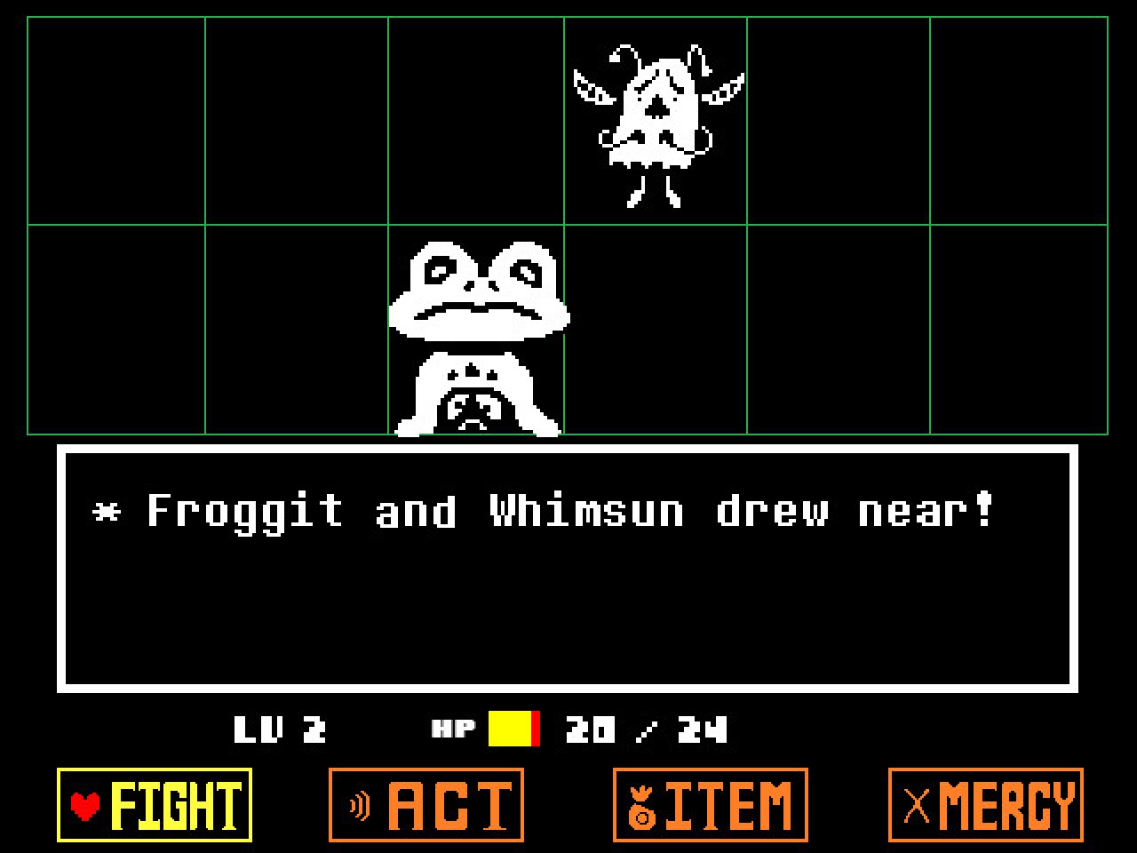 Пиксельный бой в Undertale: белые монстры Froggit и Whimsun на чёрном фоне, строка «Froggit and Whimsun drew near!», внизу LV 2, HP 20/24 и кнопки FIGHT, ACT, ITEM, MERCY