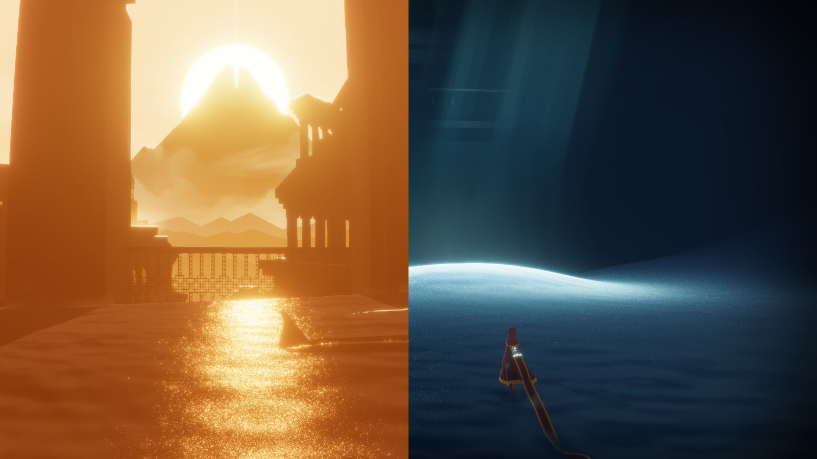 Два кадра Journey рядом: золотой закат над песком, который блестит как вода, и тёмно-синее пространство, где путника освещает луч сверху