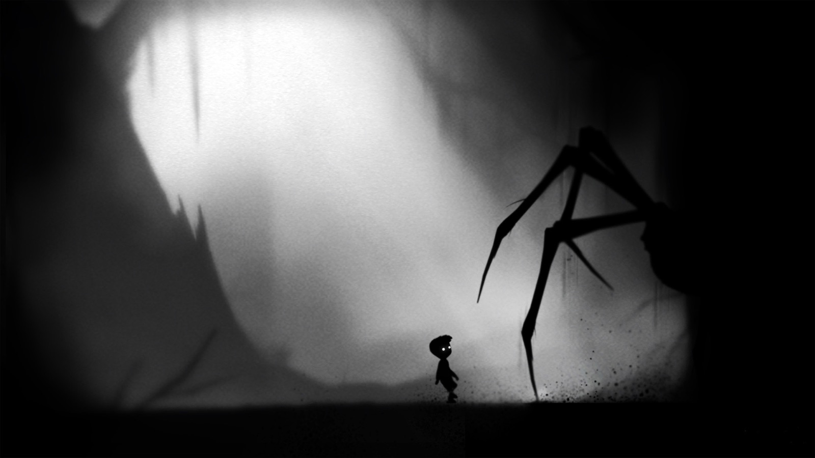 Limbo: чёрный силуэт мальчика со светящимися глазами, из тумана к нему тянется паучья нога
