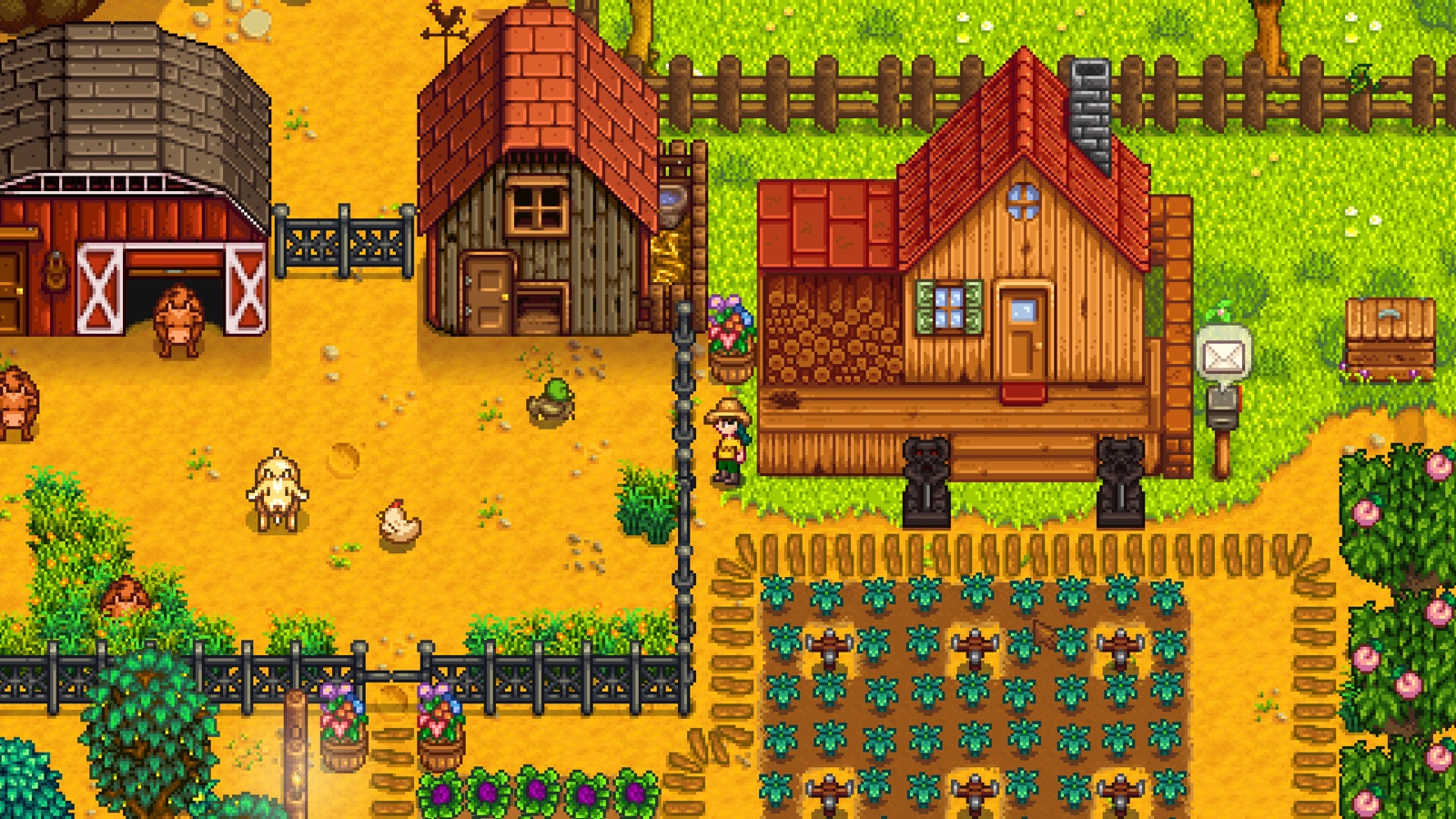 Ферма в Stardew Valley: фермер в соломенной шляпе у дома, рядом амбар с коровами и курятник, внизу грядки с дождевателями, справа от почтового ящика деревянный ящик для отгрузки