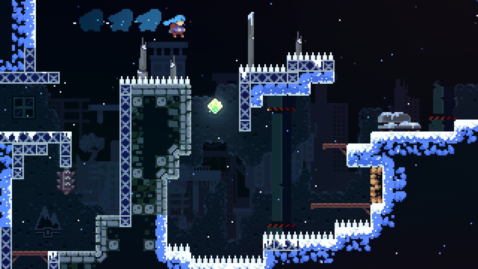 Celeste: Мадлен с синими волосами летит вправо над шипами, за ней тянутся три тёмных силуэта, в центре экрана светится зелёный кристалл