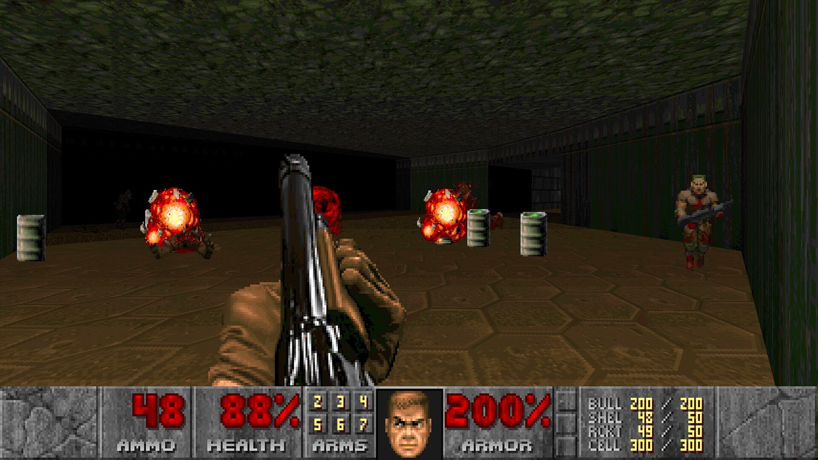 Классический Doom: серые бочки с зелёной жижей в зале, рядом взрывы и враги