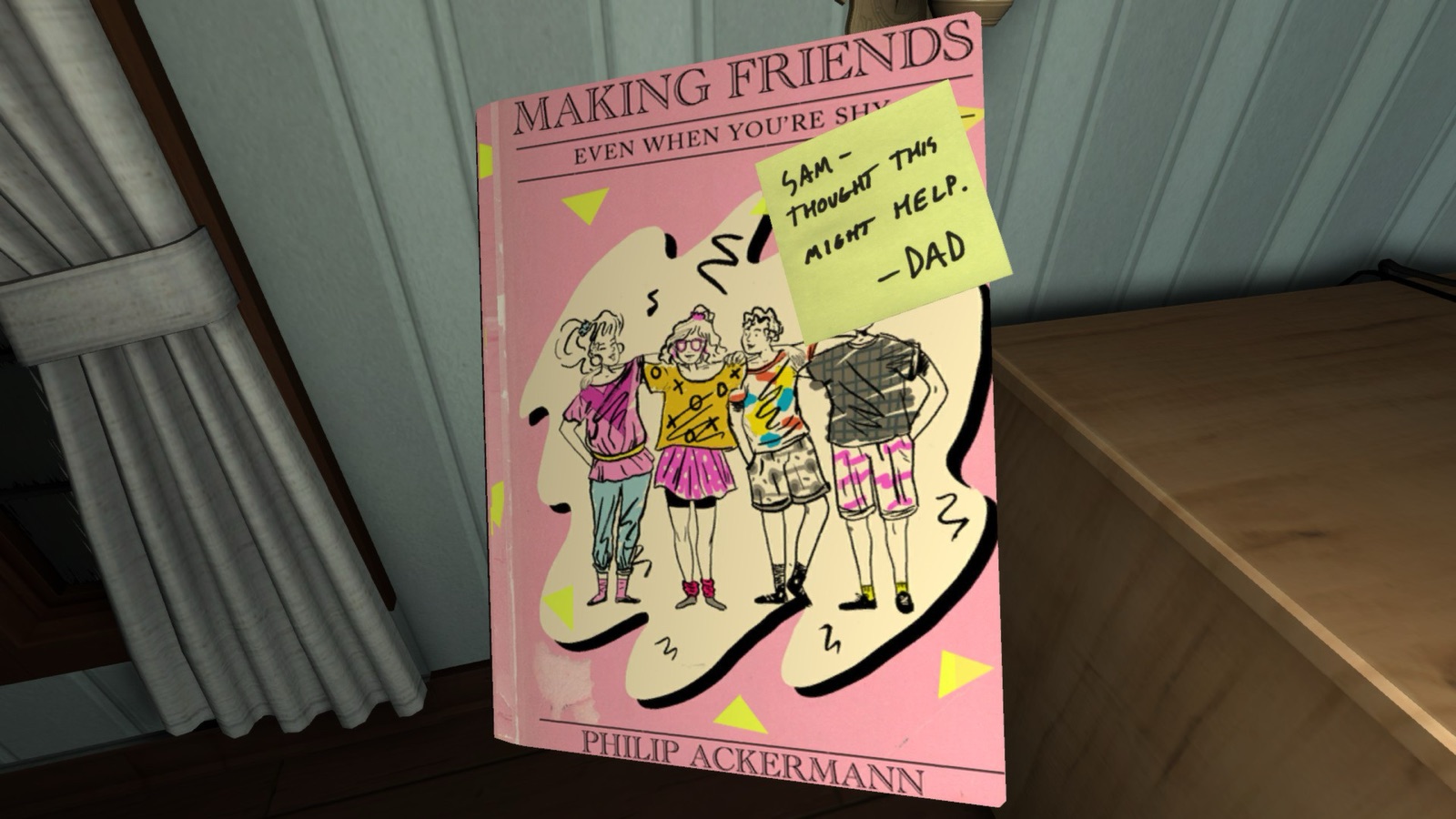 Розовая книга Making Friends Even When You're Shy с жёлтой наклейкой, на которой от руки написано: Sam — thought this might help. — Dad
